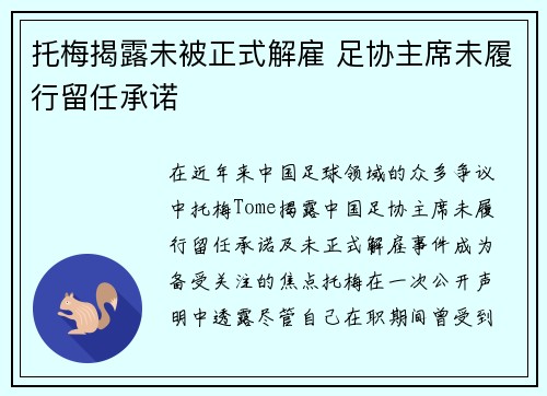 托梅揭露未被正式解雇 足协主席未履行留任承诺