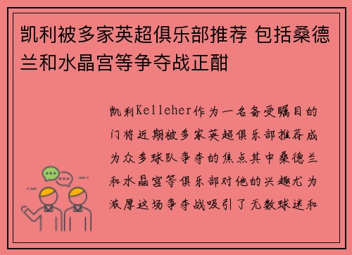 凯利被多家英超俱乐部推荐 包括桑德兰和水晶宫等争夺战正酣