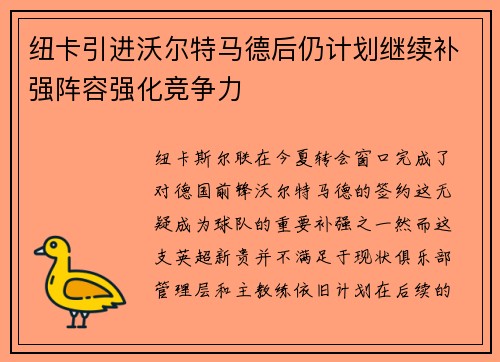 纽卡引进沃尔特马德后仍计划继续补强阵容强化竞争力